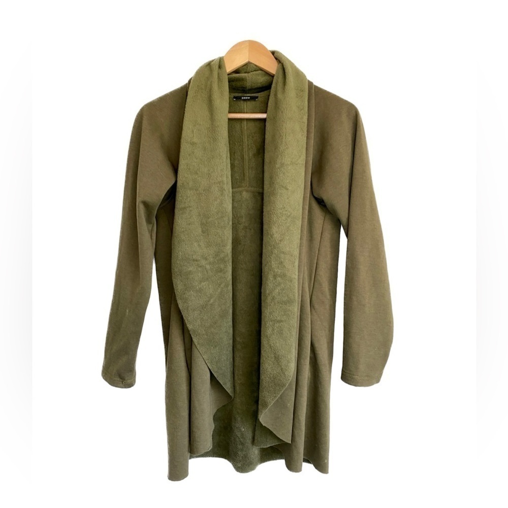 DREW Anthropologie Olive Green Oversized Fleece Waterfall Cozy Cardigan Sz S